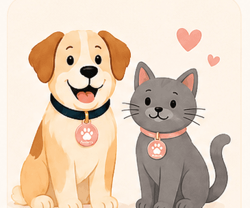 Cachorro e gato usando pingentes Aulerta ao lado de um pingente com QR Code.