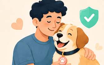 Tutor segurando o pingente Aulerta no cachorro